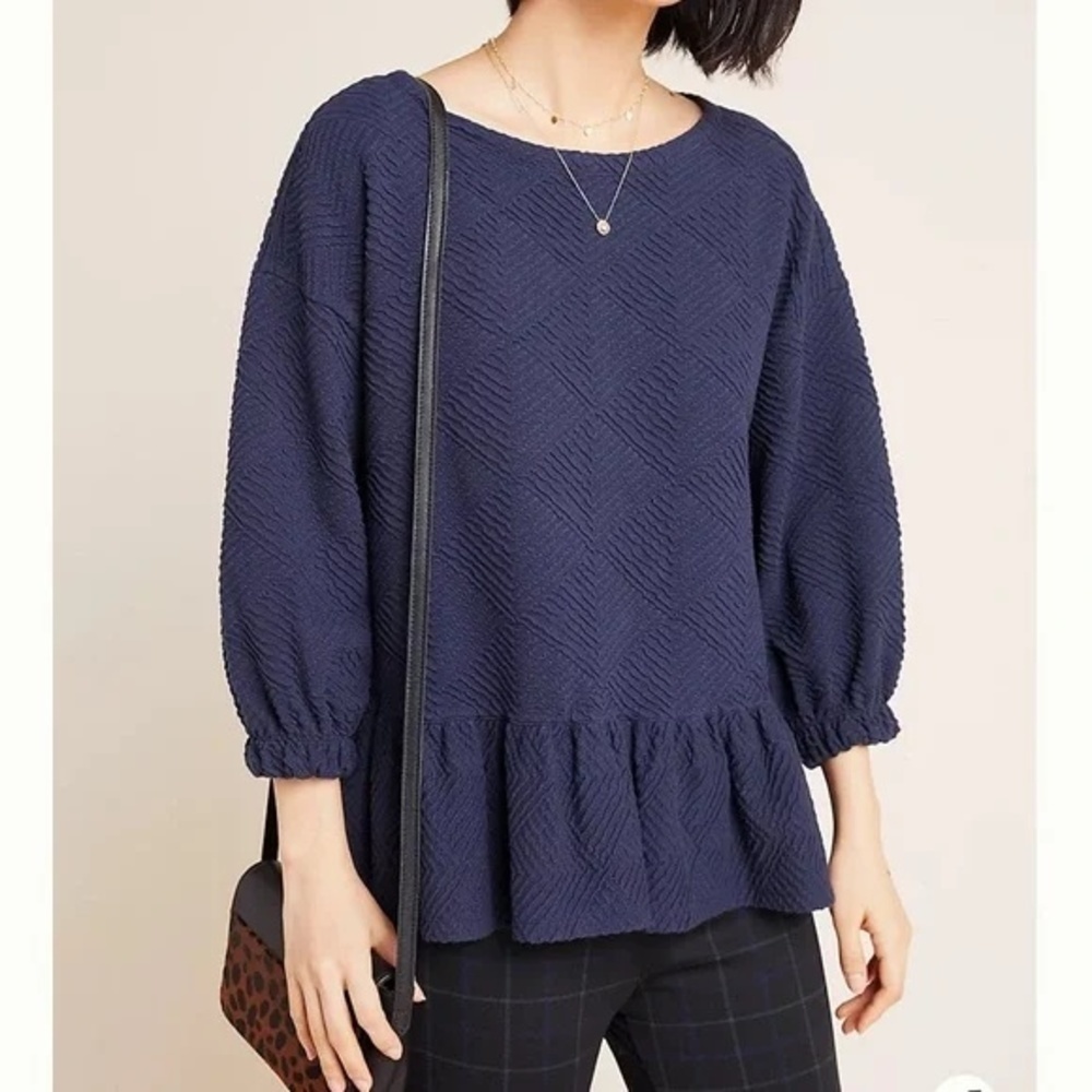 ANTHROPOLOGIE Maeve Navy Blue Textured Balloon Sleeve Peplum Top Size XS